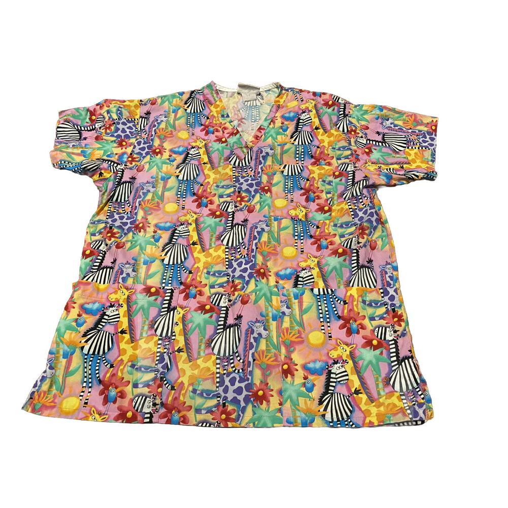 Peaches Uniforms Scrub Top Zebra Giraffe Birds Multicolor‎ Dental Veterinarian